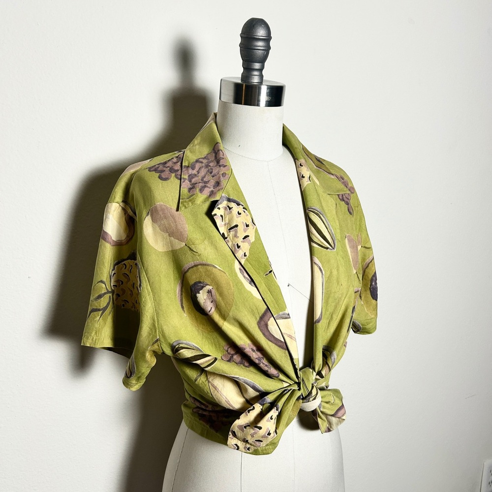 VTG Picante Fruit 100% Silk Camp Cropped Button Shirt Tropical Lime Chartreuse M
